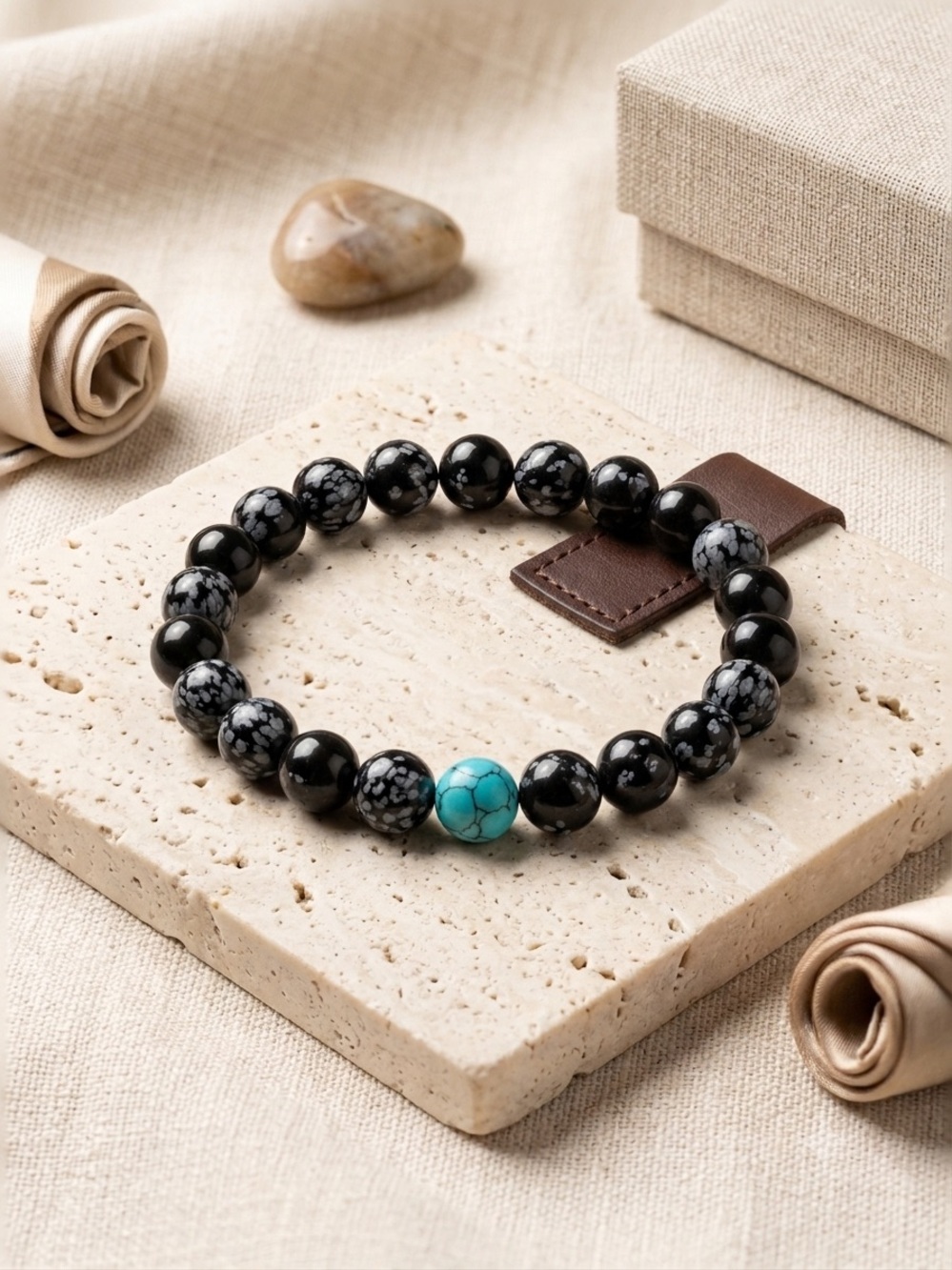 Turquoise Accent Snowflake Obsidian Beaded Bracelet - Women